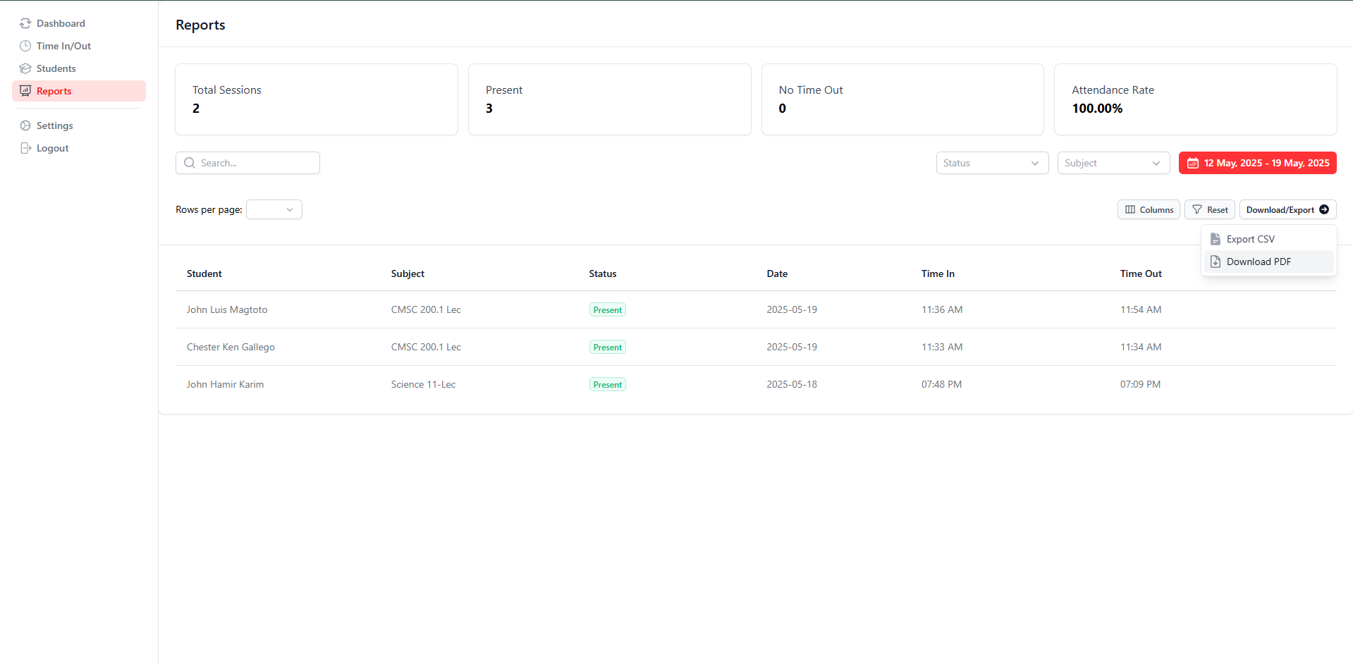 UP Tap attendance reports dashboard